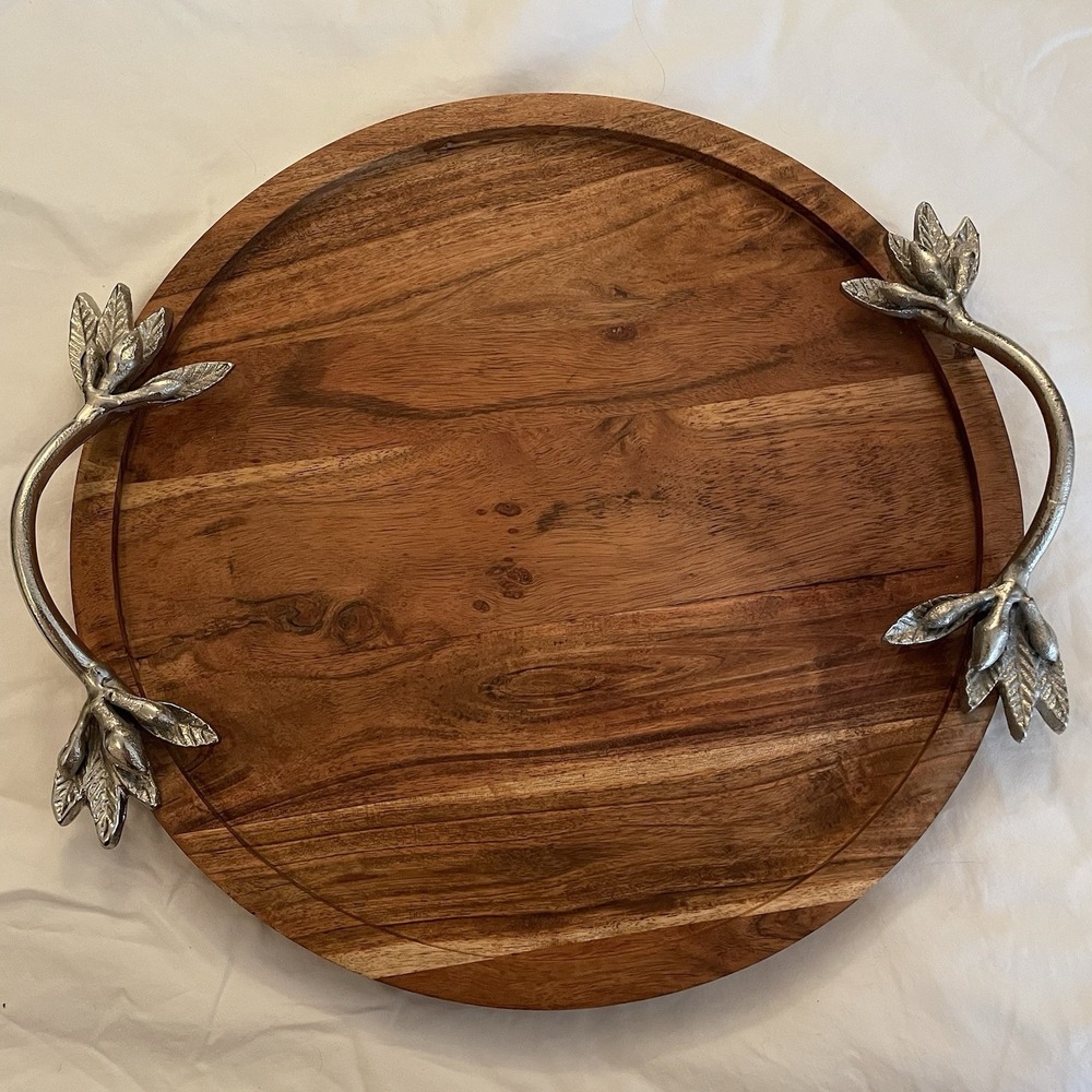 Vntg 15" Round Acacia Wood Serving Tray Pewter Olive Branch Handles Charcuterie